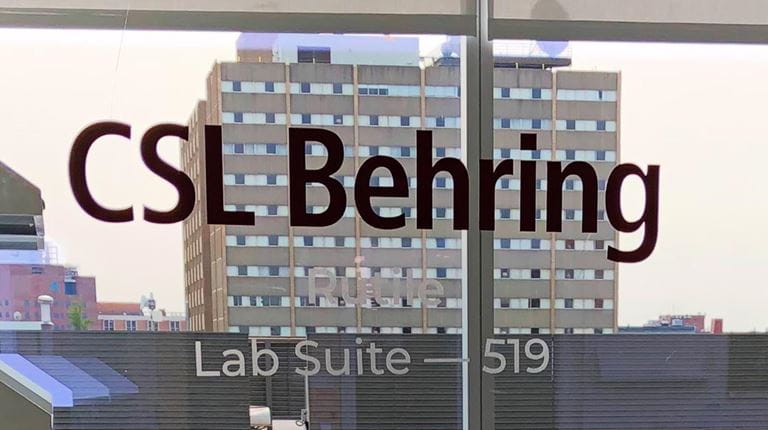 CSL Behring logo on the window of University City Science Center lab in Philadelphia