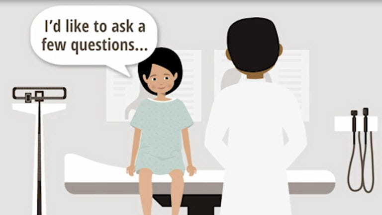 Rare disease patient talking with doctor - still from CSL Behring animation