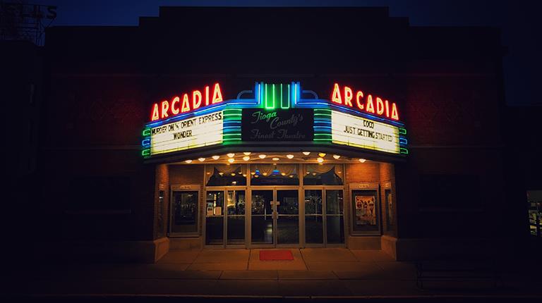 Exterior of movie theater at night