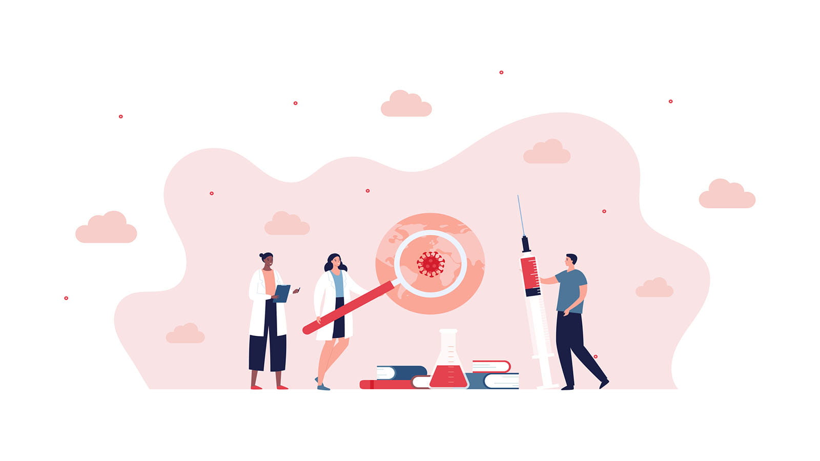 Illustration of public health researchers investigating flu.