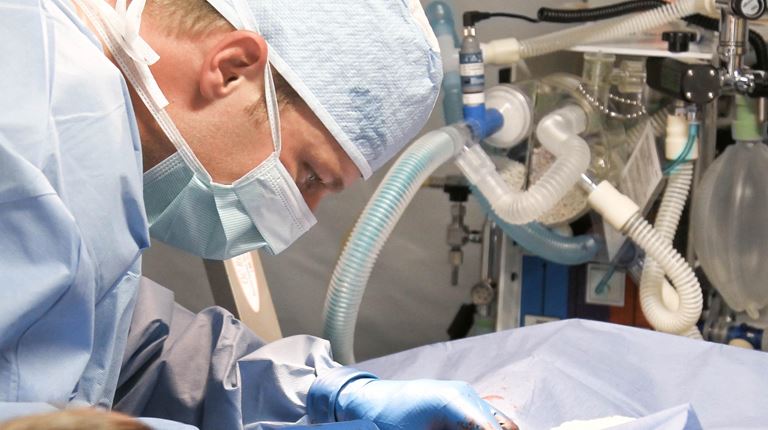 picture of a gowned doctor in operating theatre operating on a person
