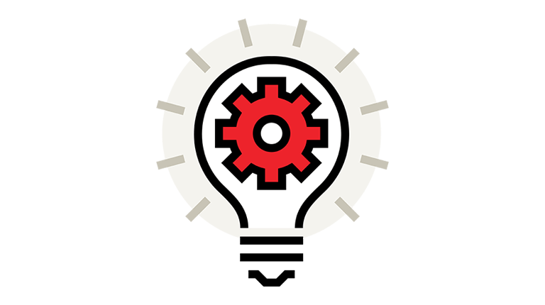 Icon graphic of a light bulb with a cog inside of it