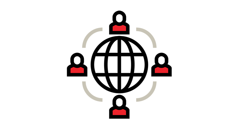 Icon graphic of a wireframe globe surrounded by people icons