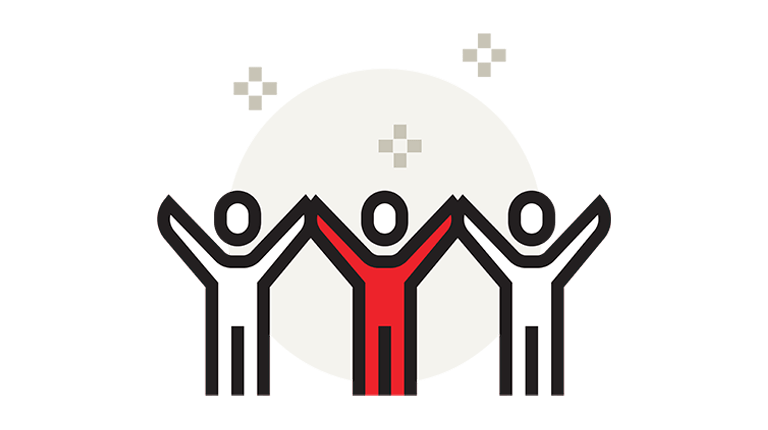 Icon graphic of three humans linking hands with hands up in the air