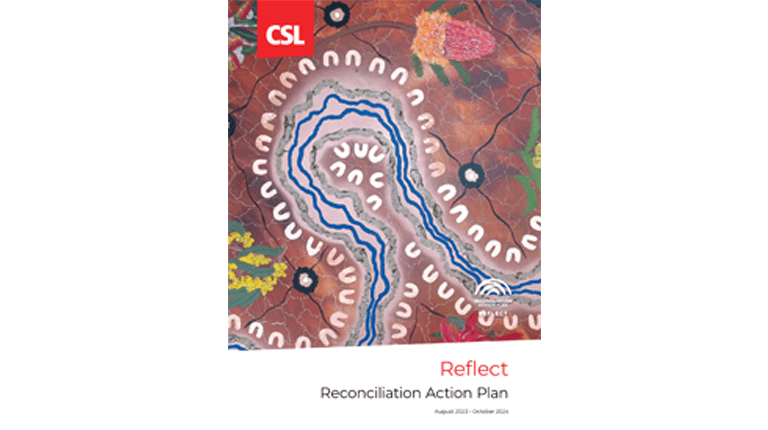 Image of the Aboriginal Artwork which appears on the front cover of CSL's Reflection Reconciliation Action Plan document. Artwork provided by Simone Thomson in collaboration with Dreamtime Art Creative Consultancy.
