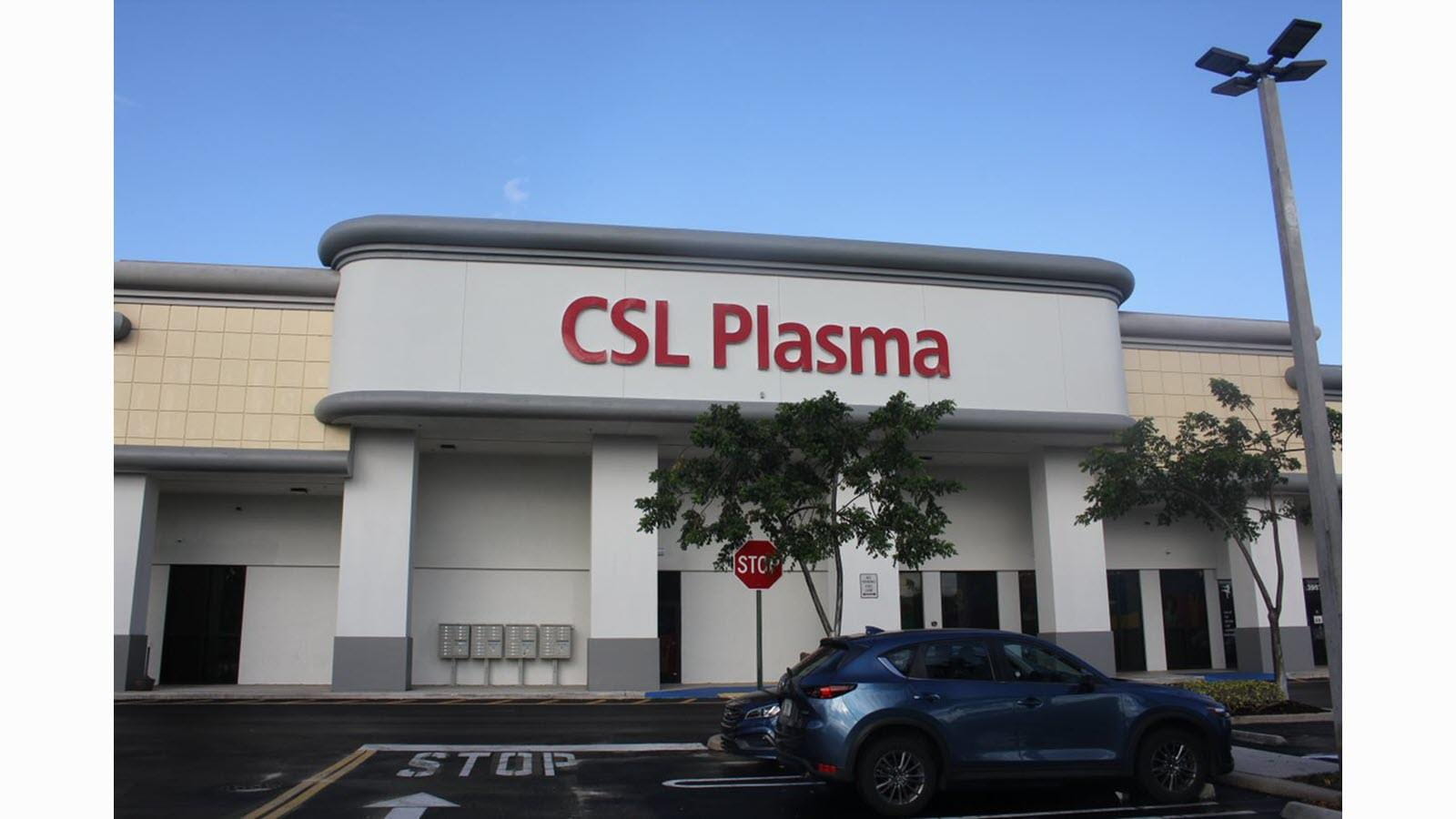 Exterior of new CSL Plasma Center In Greenacres, Florida against a blue sky
