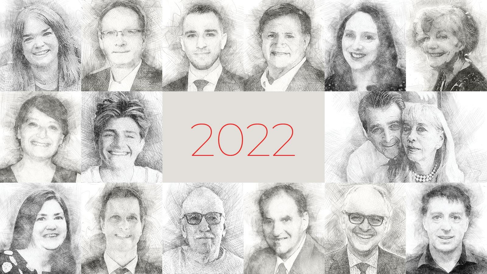 Collage of black and white sketches of leaders in the rare disease community. 2022 in the center.