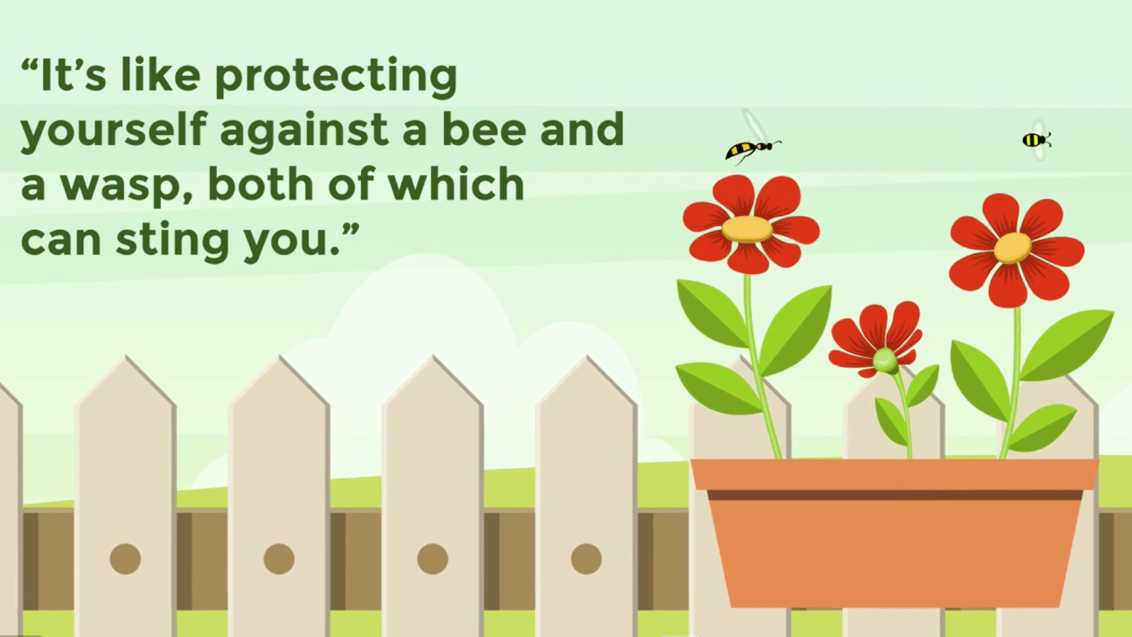 Garden with buzzing insects and text that encourages both a flu shot and a COVID -19 vaccination