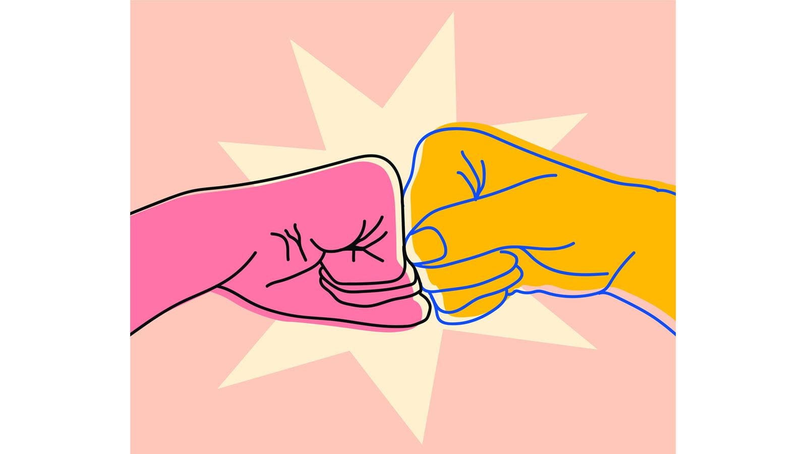 pink illustration of a fist bump