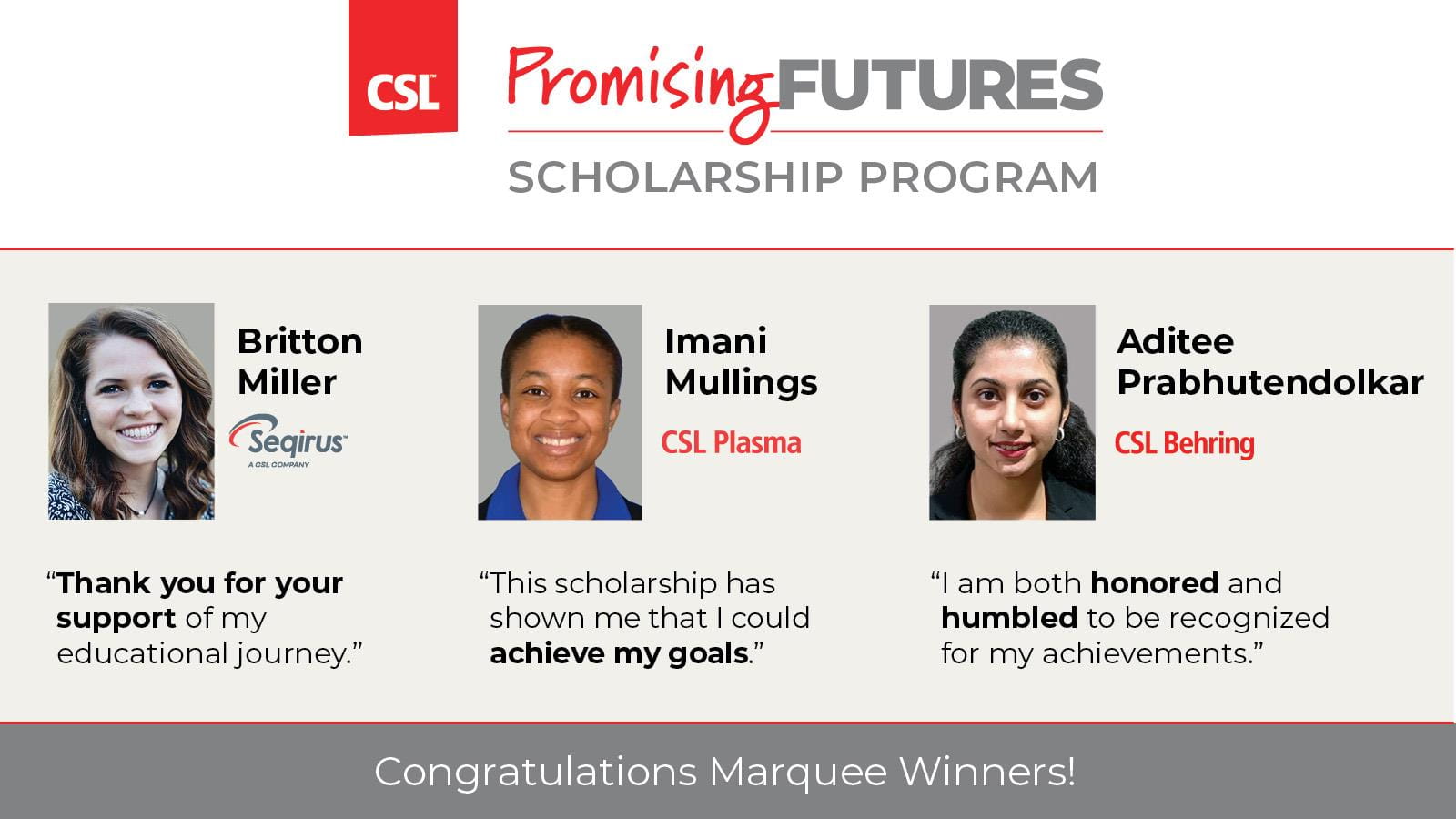 three marquee scholarship winners Britton Miller, Imani Mullings, Aditee Prabhutendolkar 