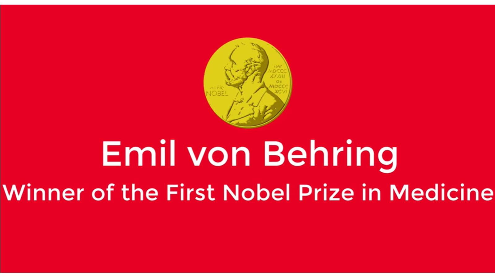 Gold Nobel medal on red background - Emil von Behring winner of the first Nobel Prize in medicine