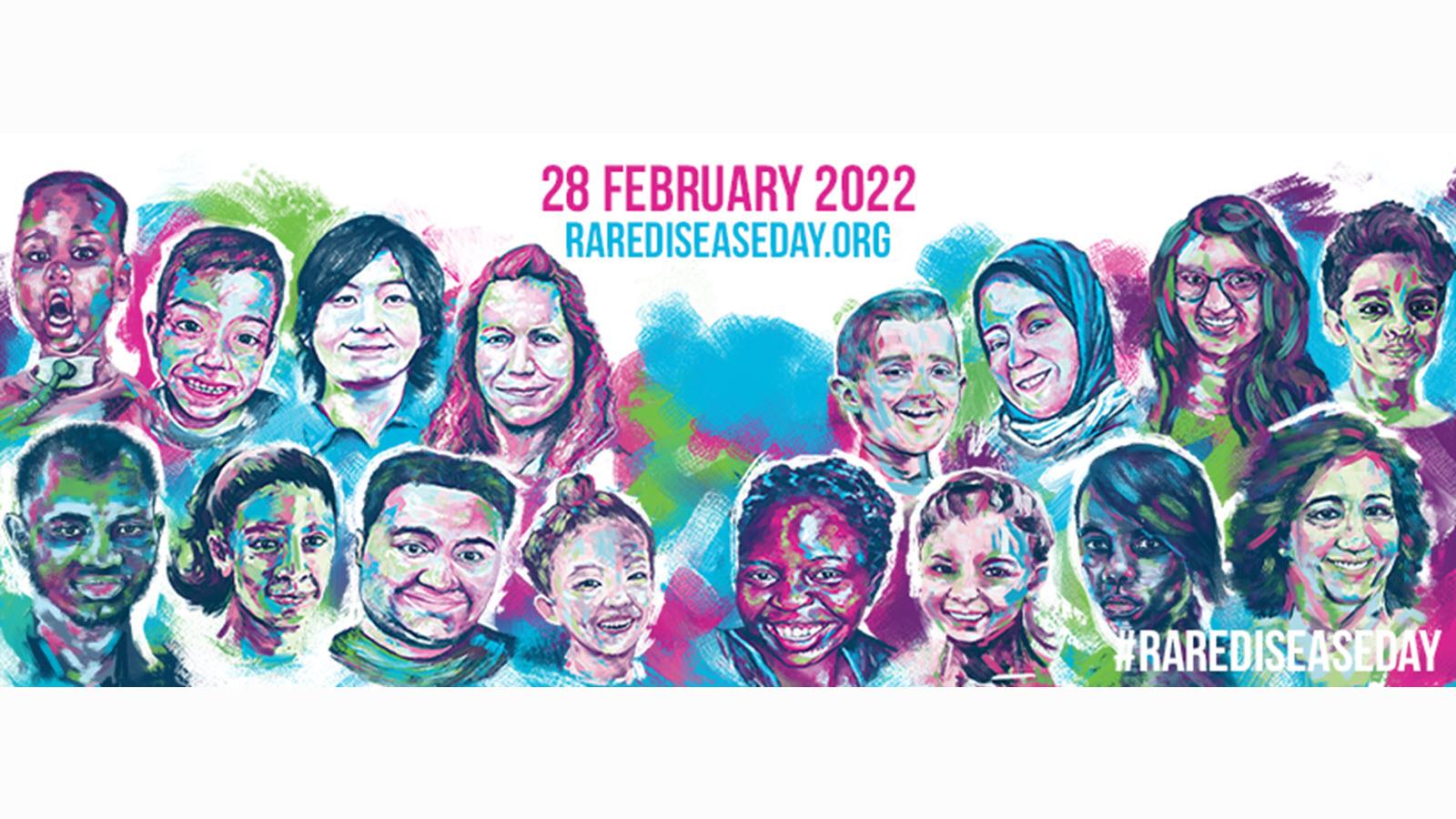 28 February 2022 Rare Disease Day with pink, green and blue sketches of patients