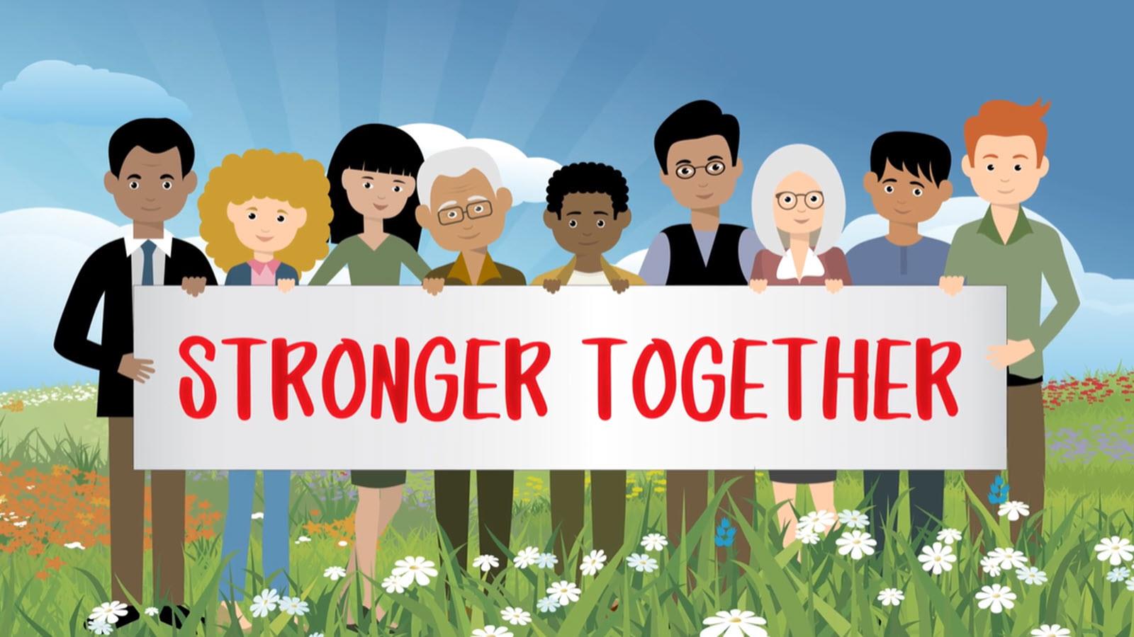 a group of young and old patients holding a Stronger Together sign