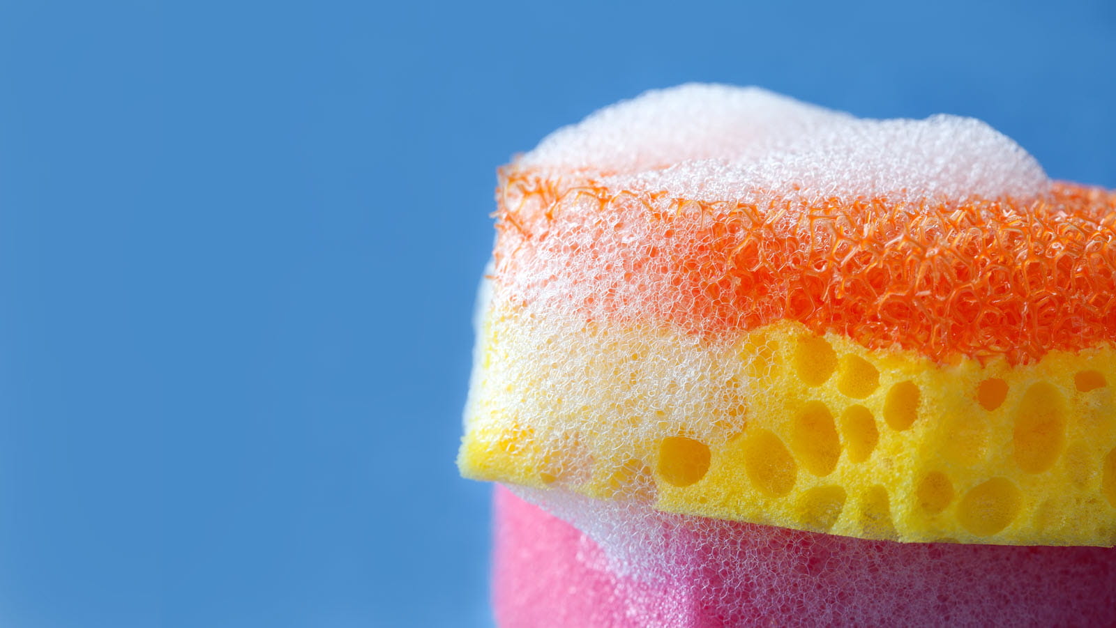 soapy sponges on a blue background