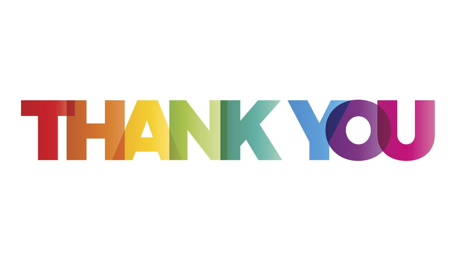 the word "THANK YOU" in rainbow letters