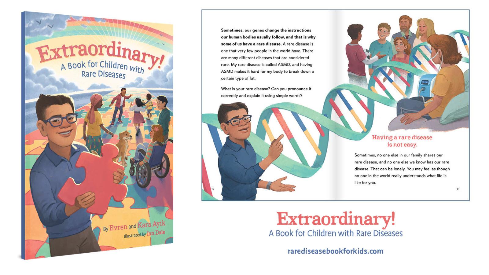 Book cover of Extraordinary, a children's book for kids who have rare diseases - a red puzzle piece and blue DNA strand.