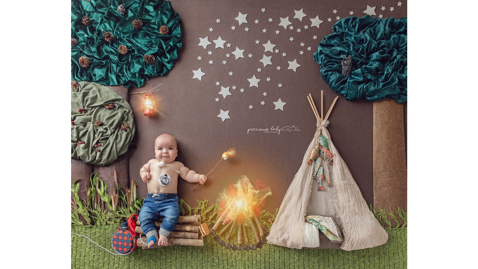 Baby wearing jeans toasts a marshmallow in a whimsical camping scene
