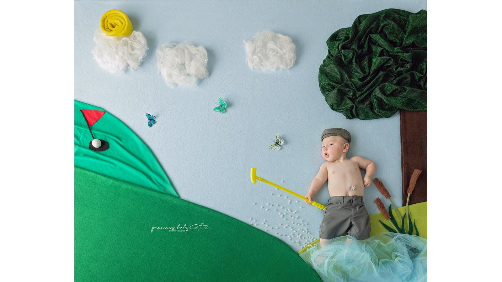 Baby holding a golf club in a whimsical scene