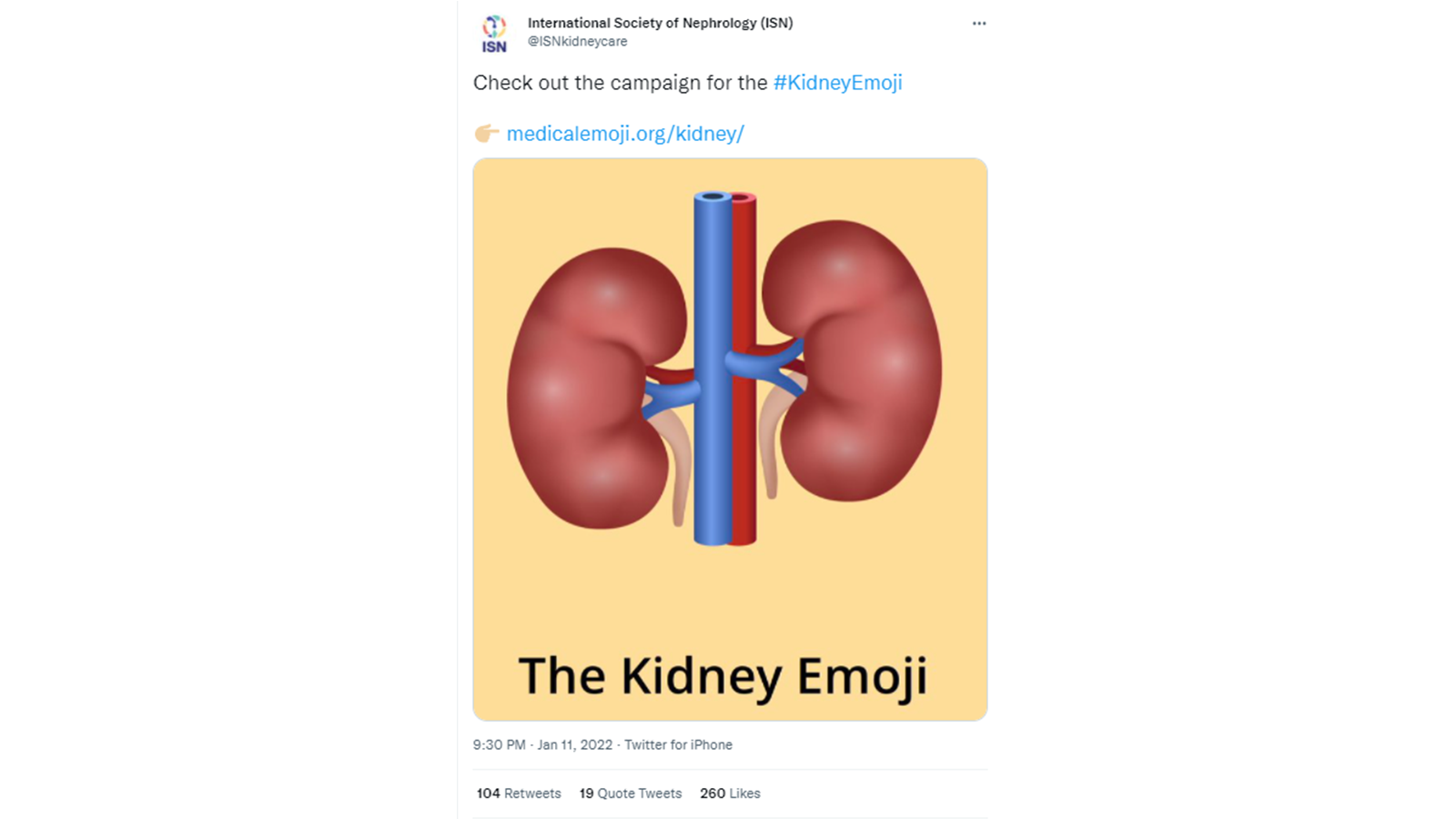 A tweet from the International Society of Nephrology showing support for a kidney emoji