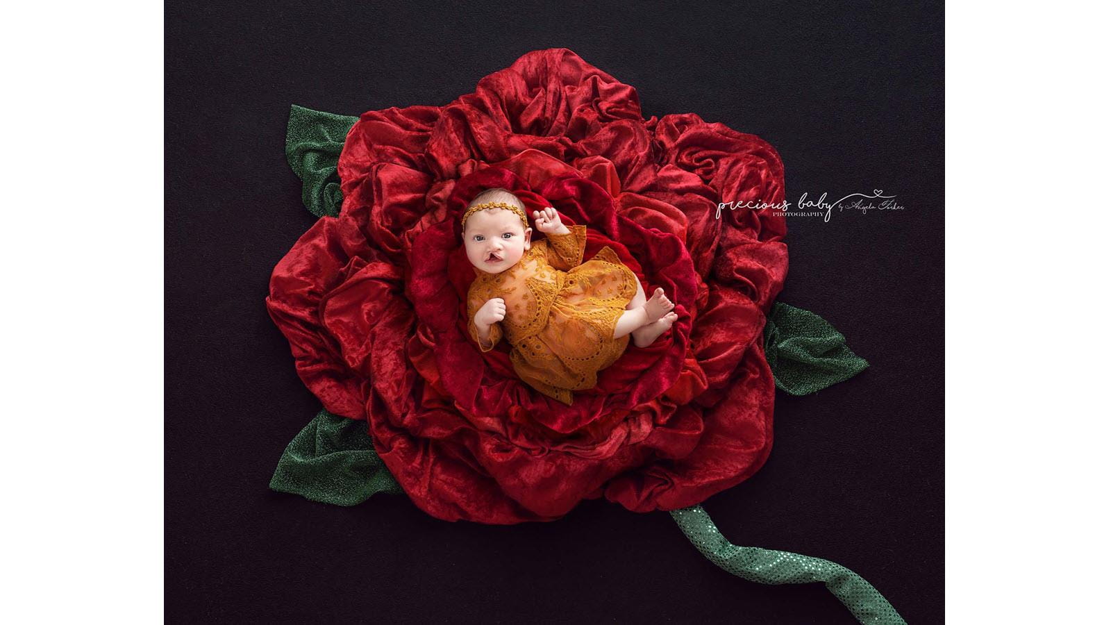 Baby born with a cleft lip sits in the center of a large red rose