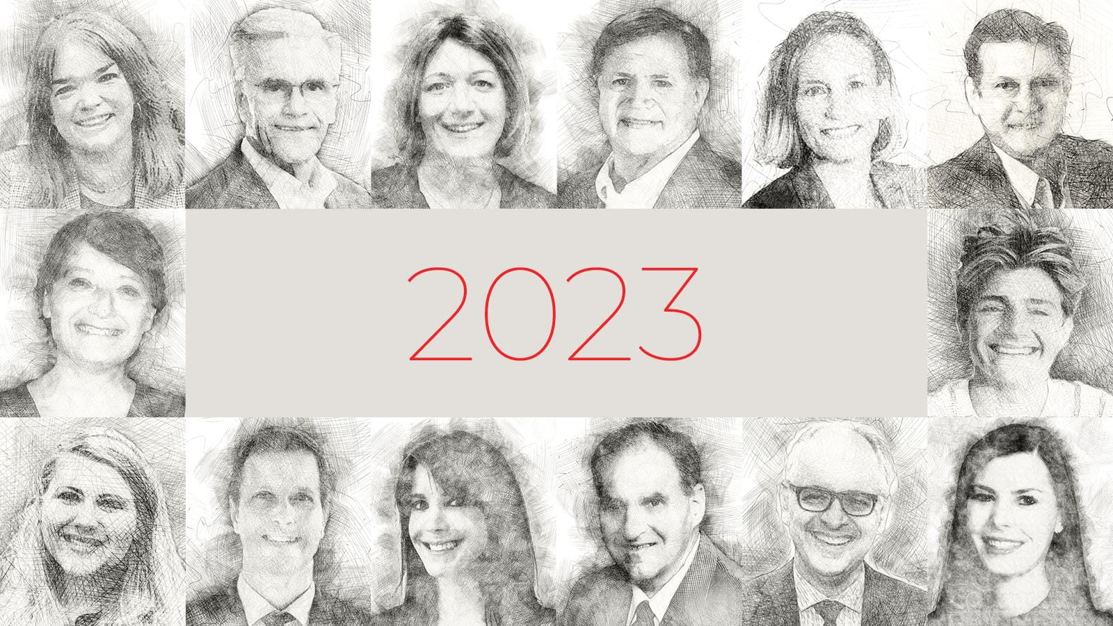 Sketch portrait collage of 14 leaders in patient advocacy