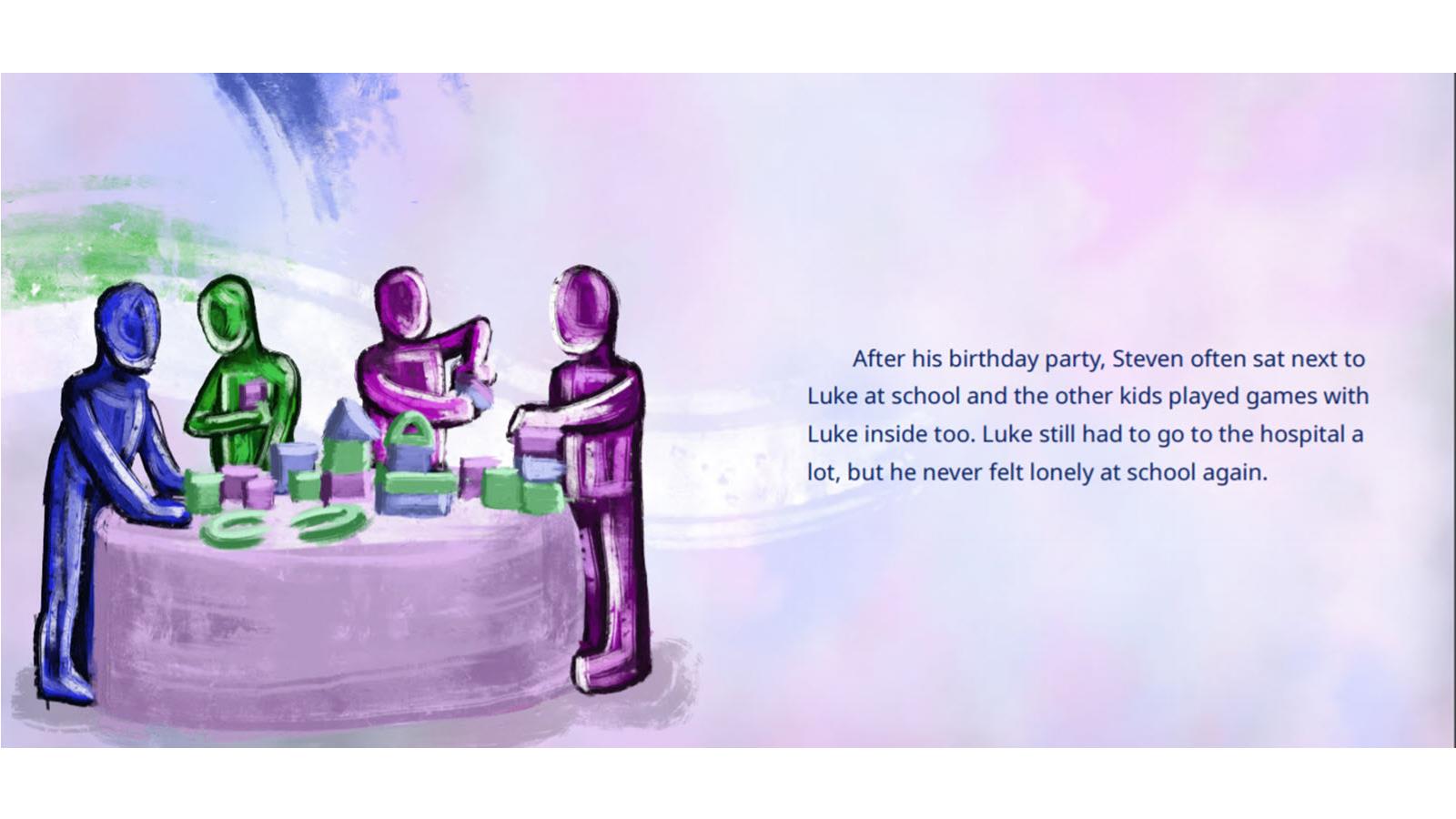 A page from a Friendship Story - a book for children about rare disease. Figures in purple, green and blue stand around a table.