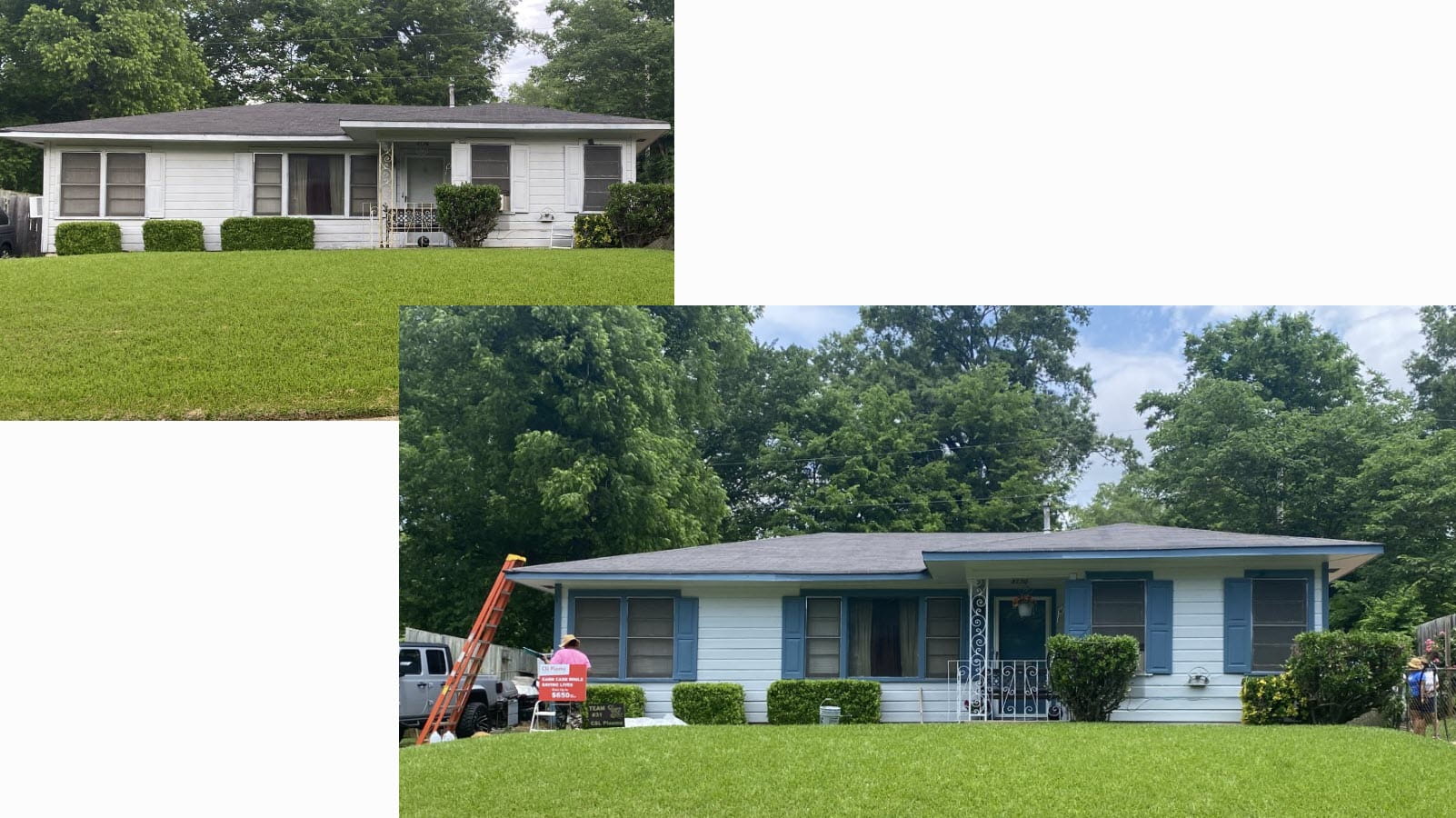  A white ranch home "before" and "after" it received a fresh coat of blue paint.