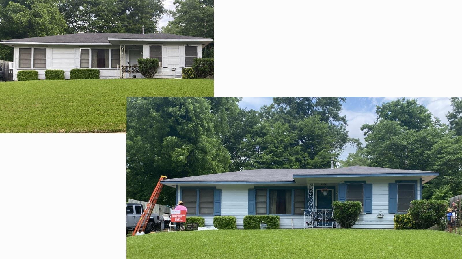A white ranch home "before" and "after" it received a fresh coat of blue paint.
