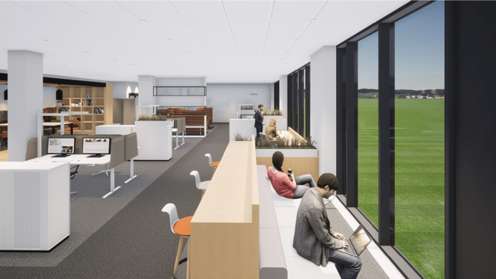 A rendering of CSL's new R&D building in Marburg, Germany, that uses large windows to blend indoor and outdoor space.
