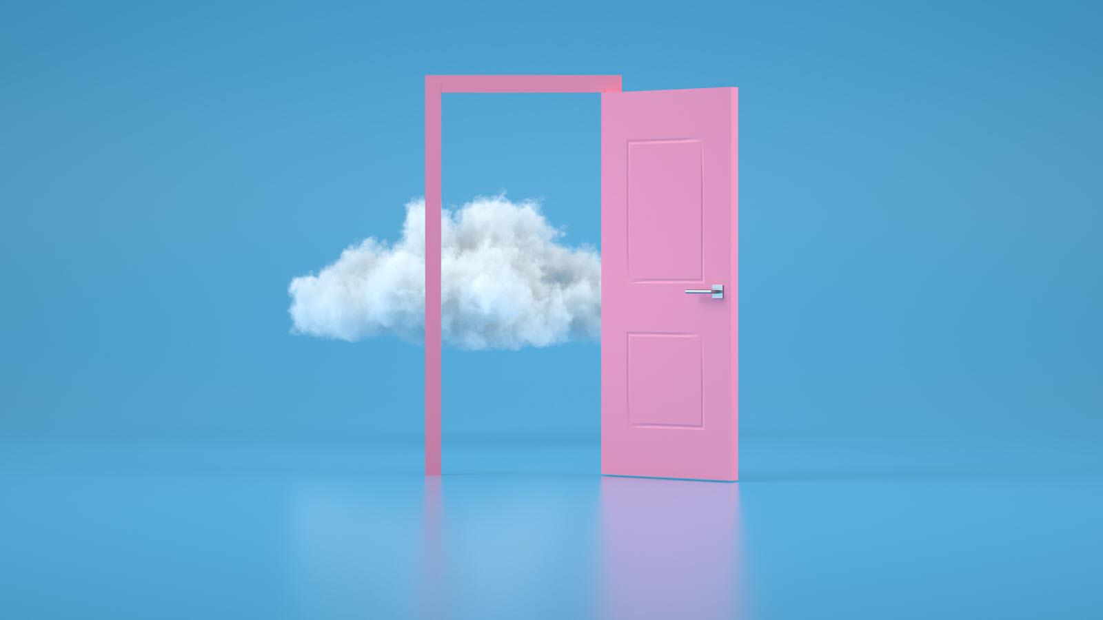 a pink door opening against a blue sky with one cloud
