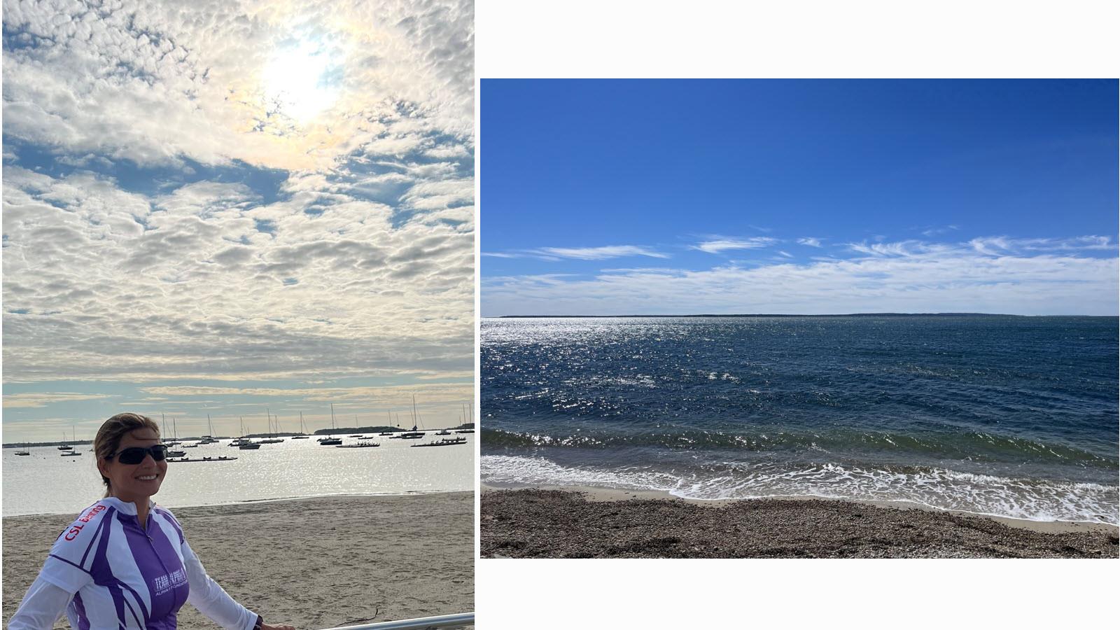 Two views of Cape Cod, including boats anchored just offshore and waves crashing on the beach