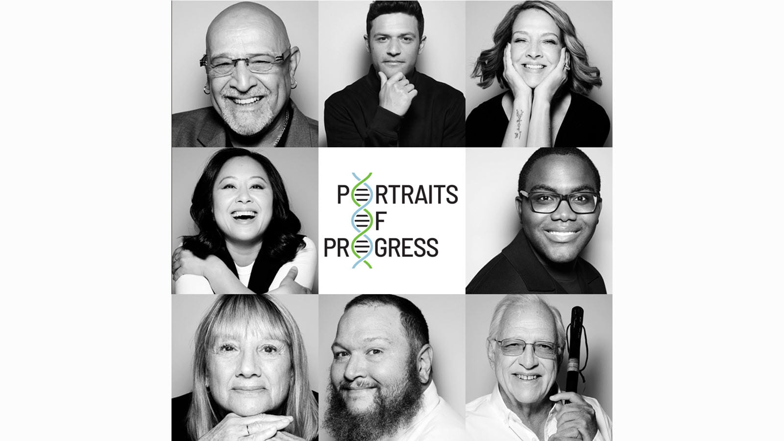 A collage of black and white photos that are part of the Portraits of Progress exhibit featuring lives touched by hemophilia B