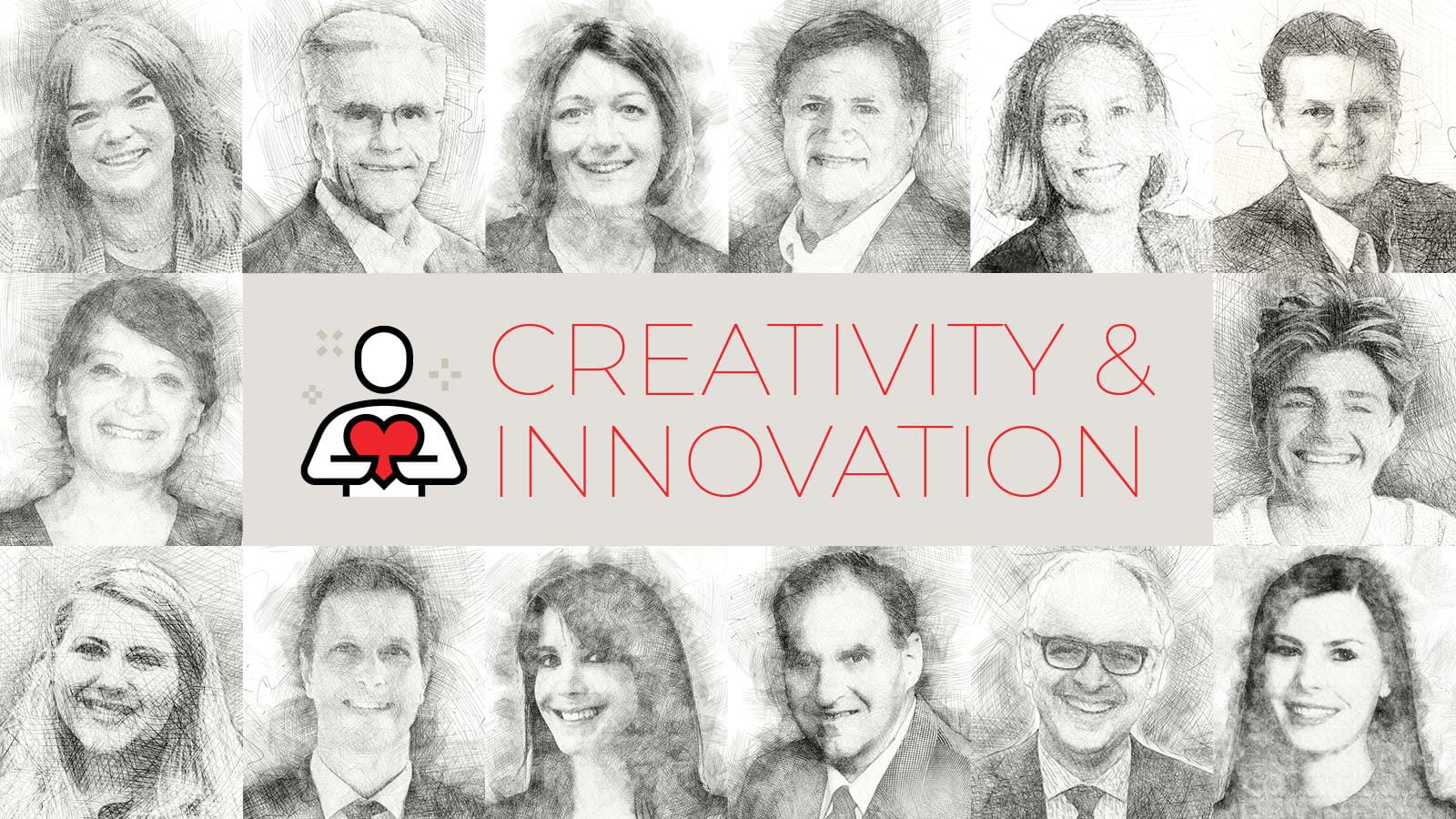 Creativity & Innovation collage with sketch portraits of 14 leaders in patient advocacy