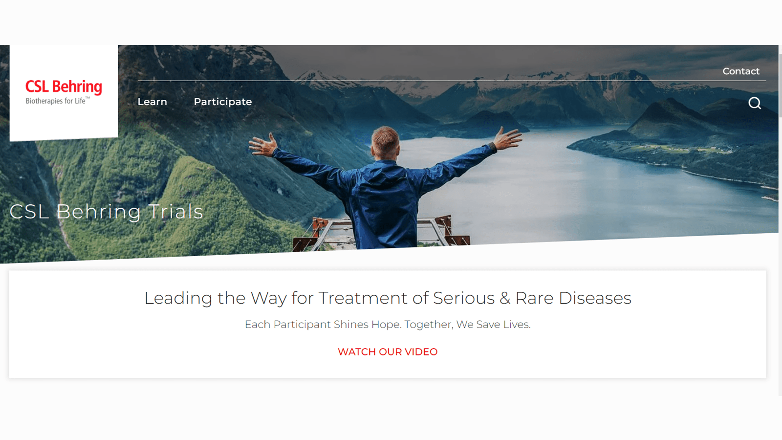 A screenshot of the CSLBehringTrials.com website featuring a man with arms outstretched on a mountaintop