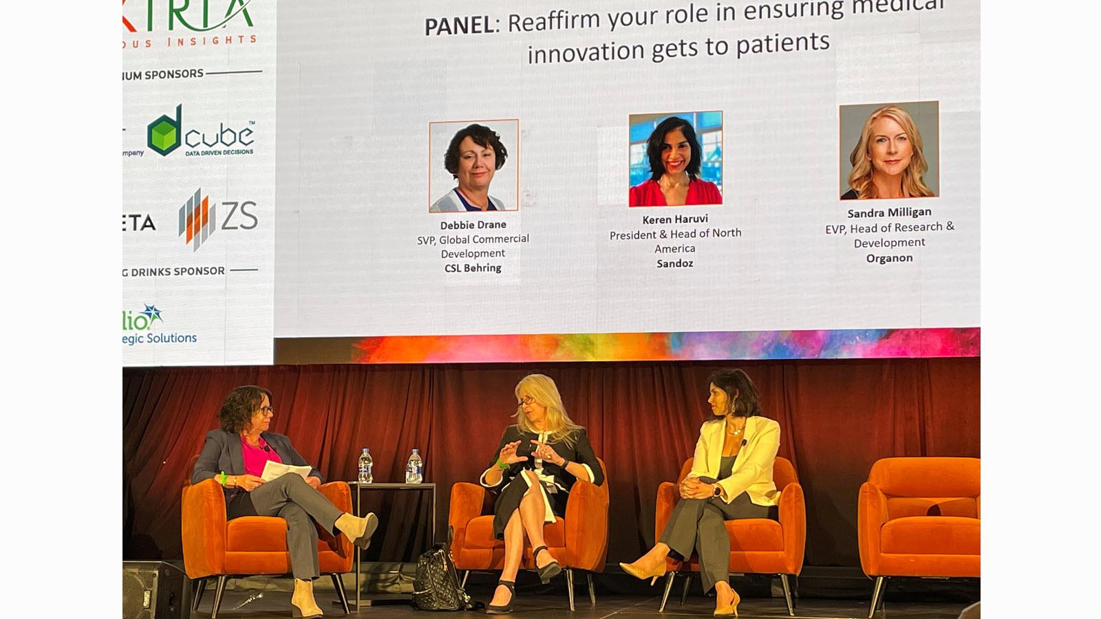 Senior Vice President of Commercial Development Debbie Drane moderates a panel about innovation at Pharma USA 2022 in Philadelphia