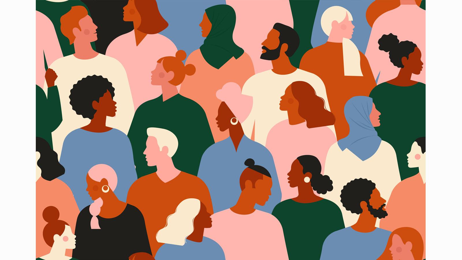 illustration featuring many people of different races and ethnicities