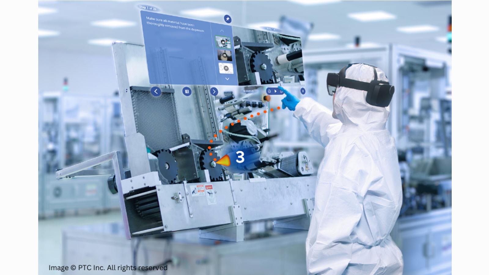 Suited lab worker wears smart glasses in a manufacturing setting