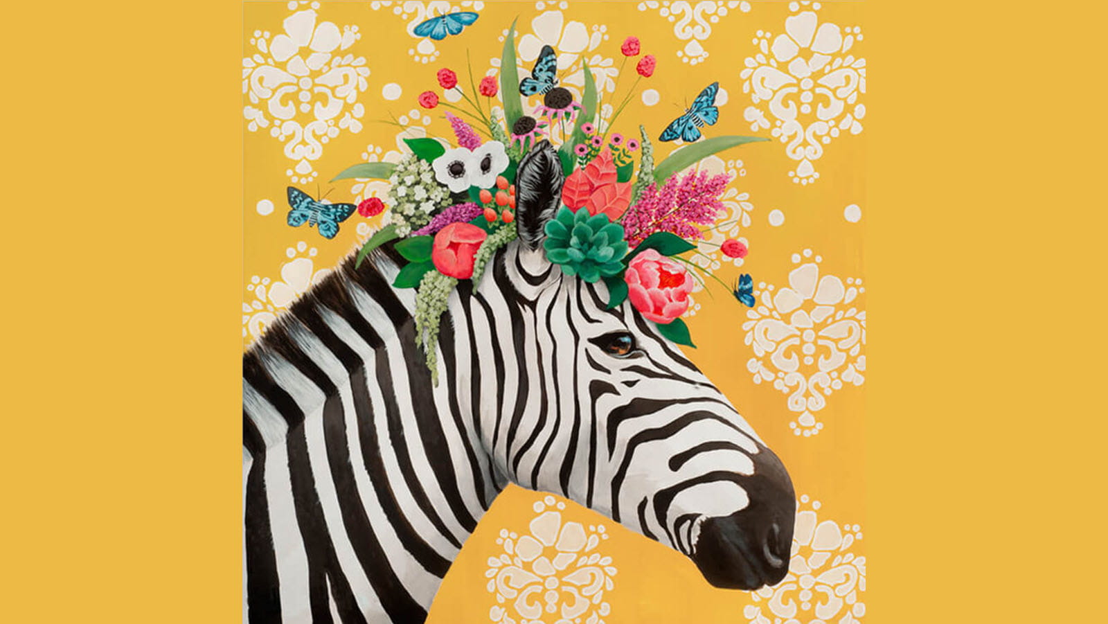 Ornate illustration of a black and white zebra wearing a crown of flowers on a yellow background. The artist is Heather Gauthier.