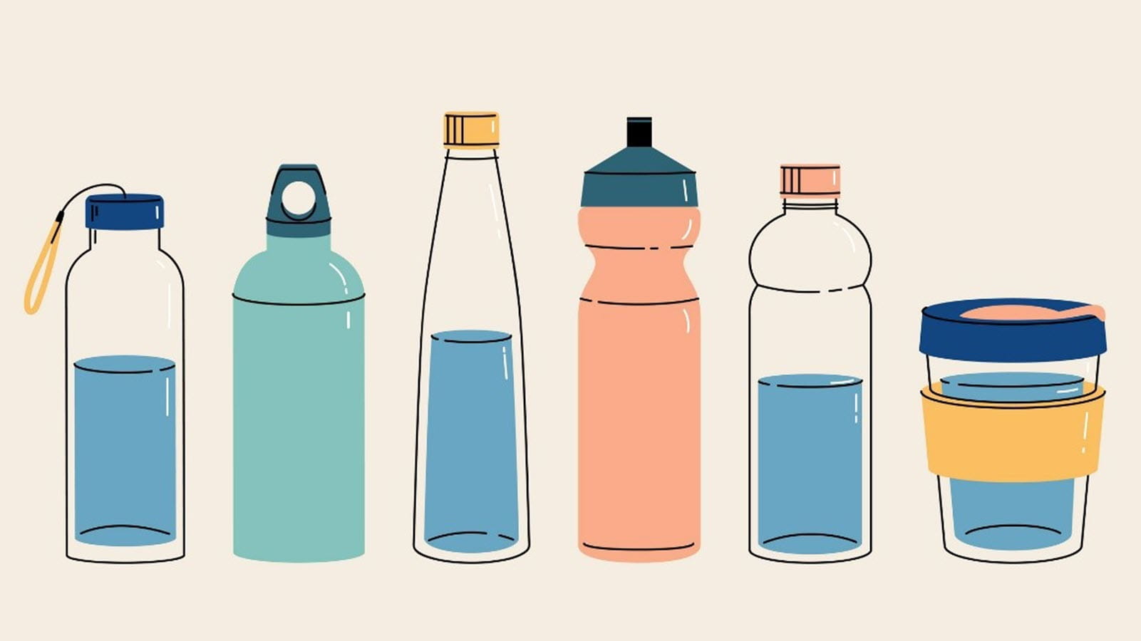 An illustration of pastel colored water bottles and cups
