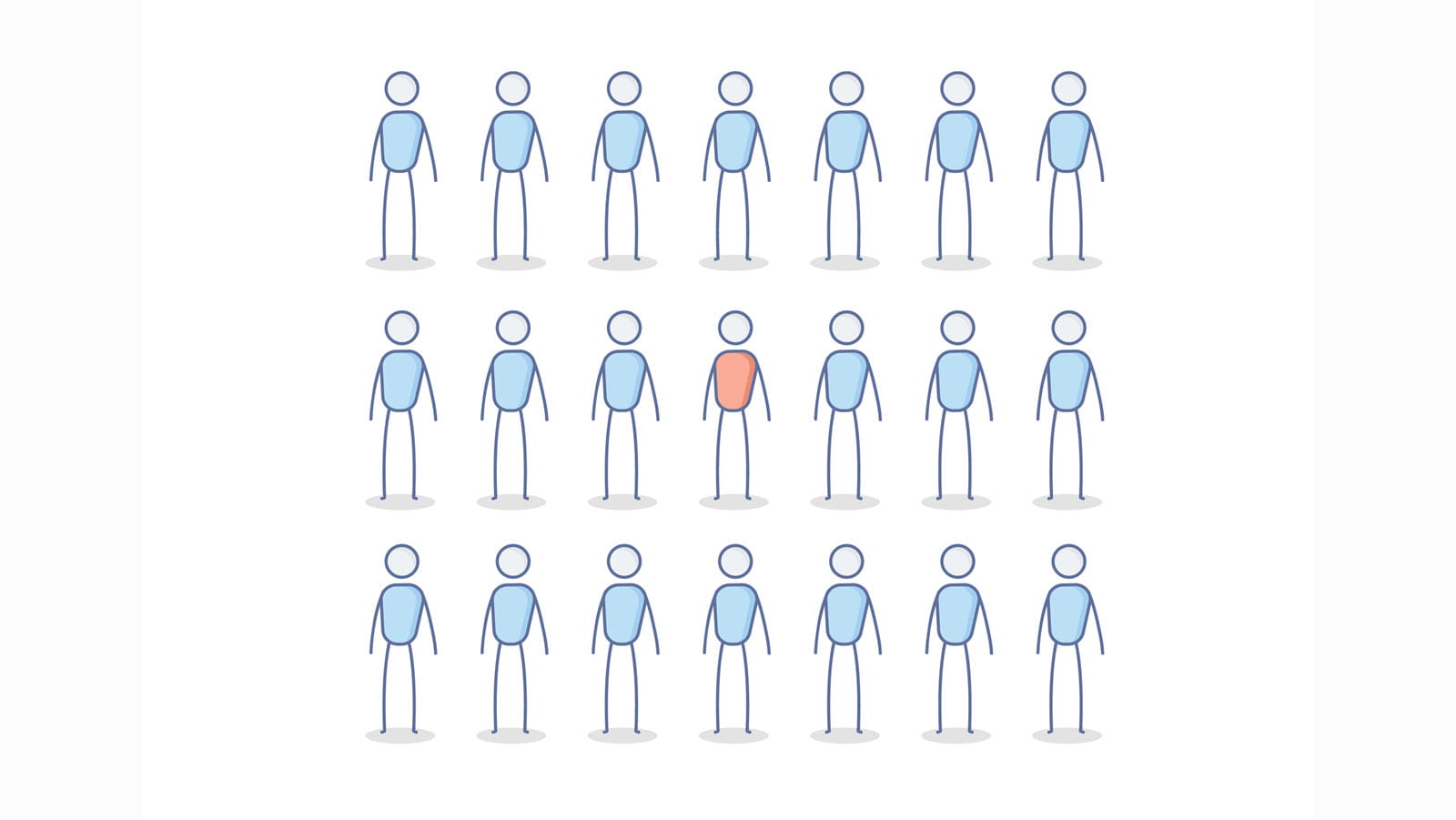 Three lines of blue stick figures with one red stick figure in the middle