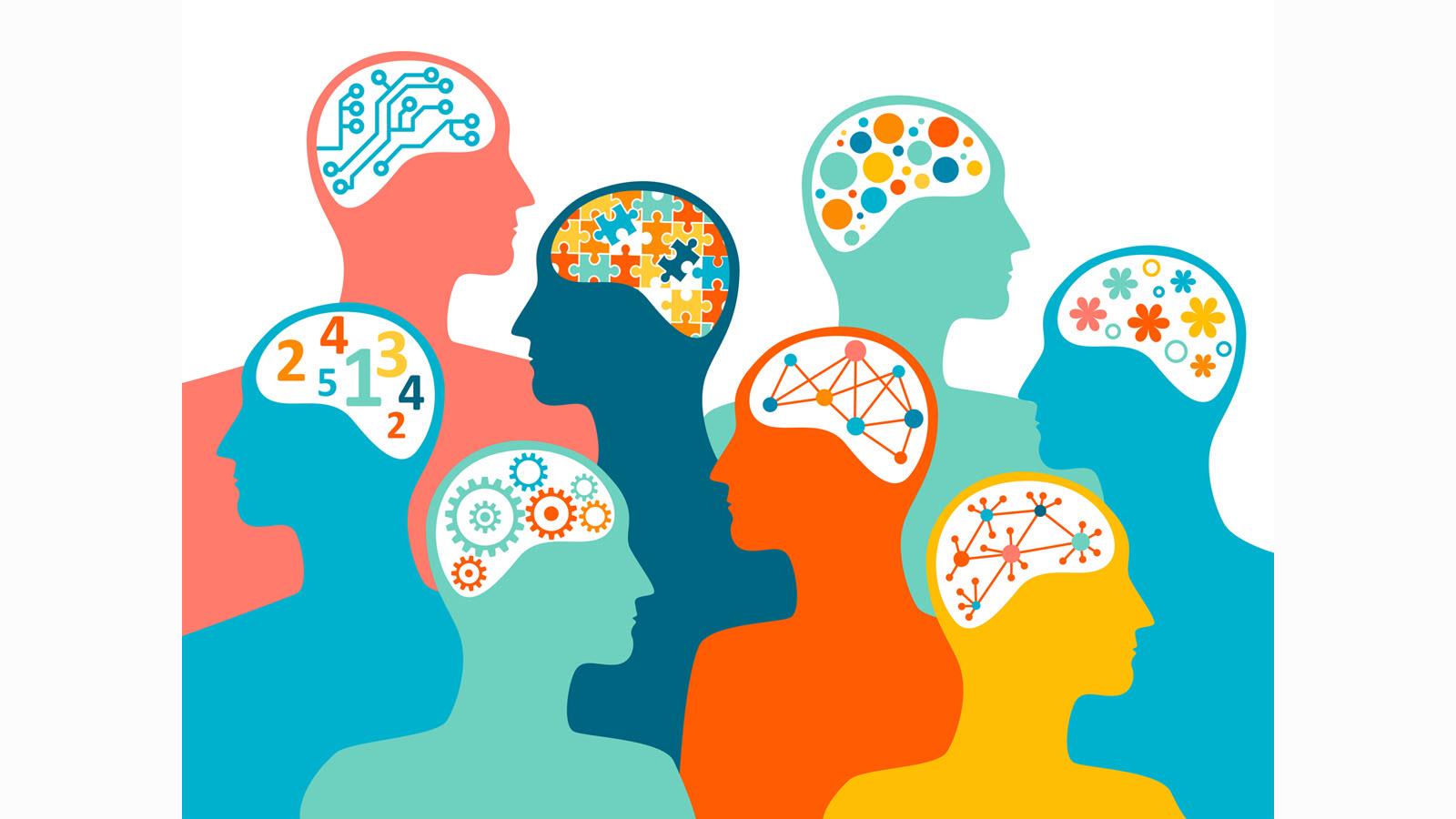 Silhouettes of different colors, each with different kinds of activity going on in their minds