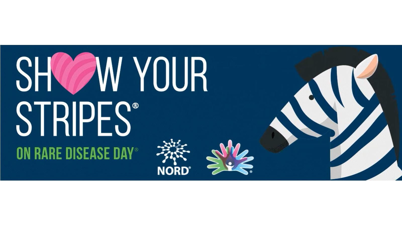 Show Your Stripes message for Rare Disease Day with zebra against a blue background