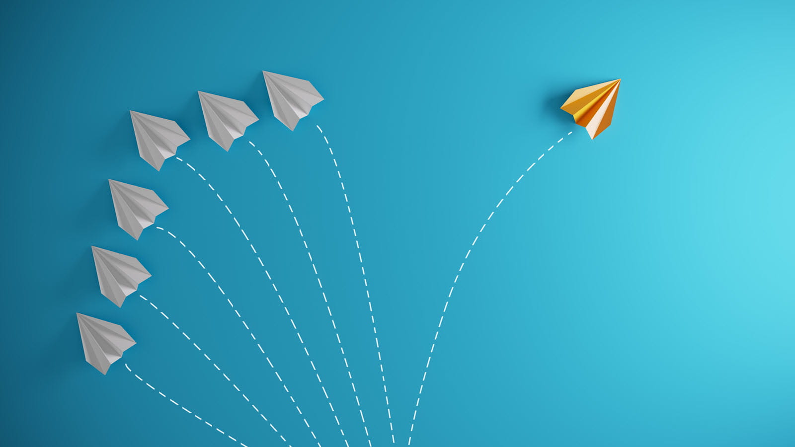 White paper airplanes on a blue background with one yellow plane flying in the opposite direction