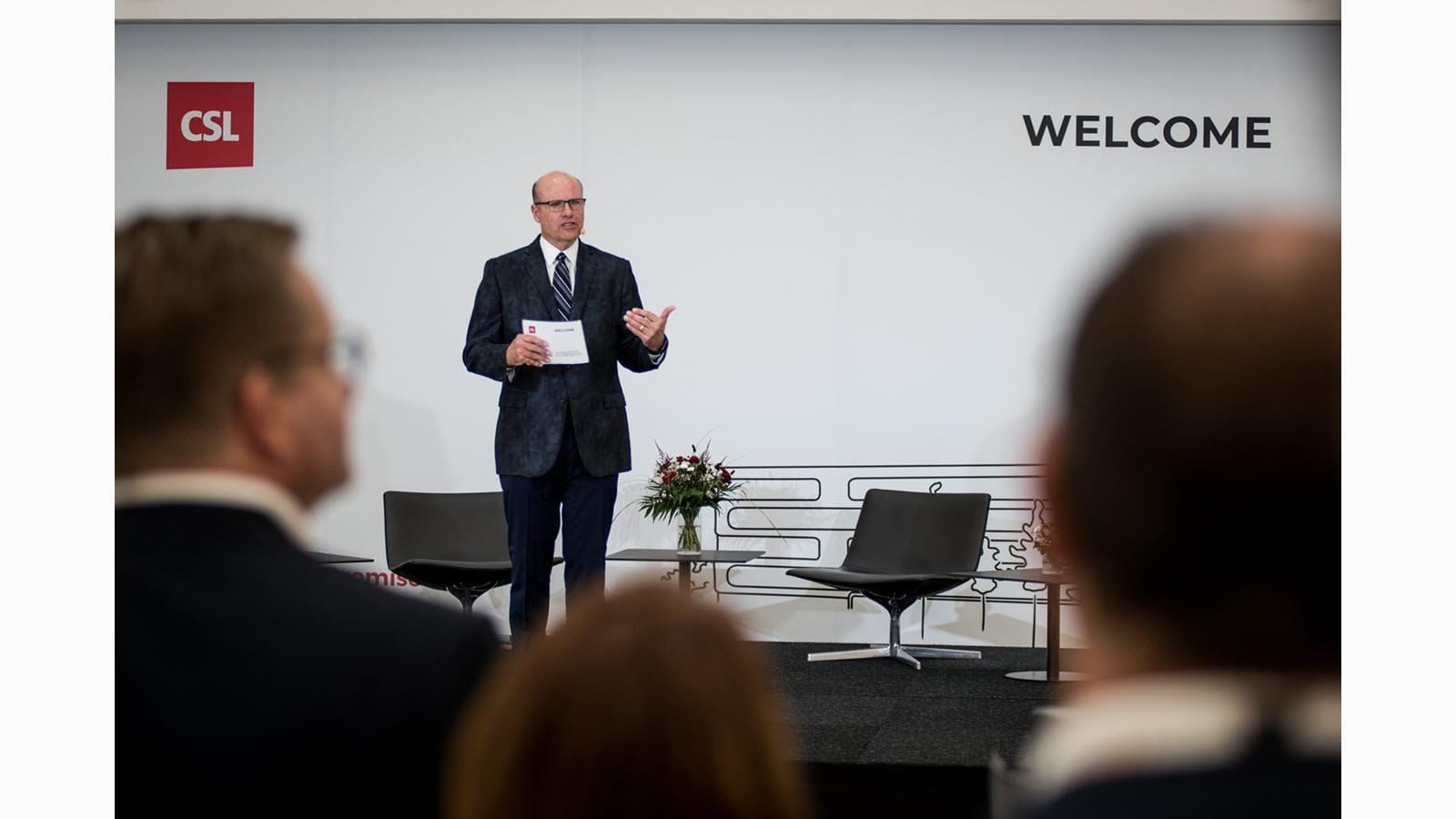 CSL CEO and Managing Director Paul Perreault welcomes visitors to CSL's new R&D campus in Marburg, Germany