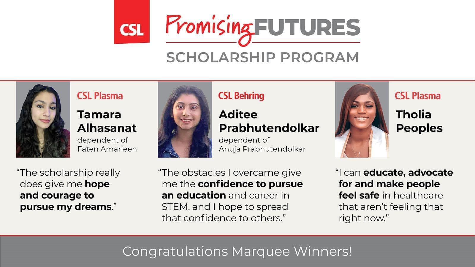 CSL Promising Futures Scholarship Program with three 2022 winners