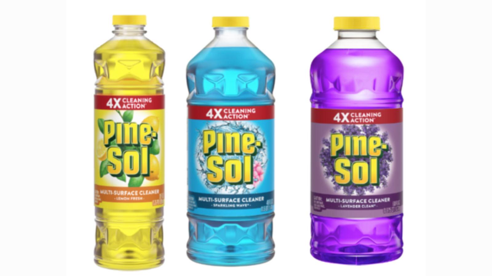 Three varieties of Pine Sol cleaning liquid in yellow, blue and purple