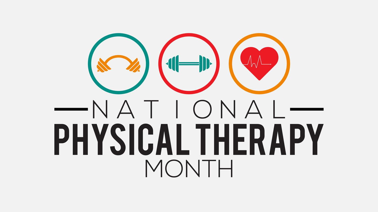 National Physical Therapy Month image featuring barbells and a red heart
