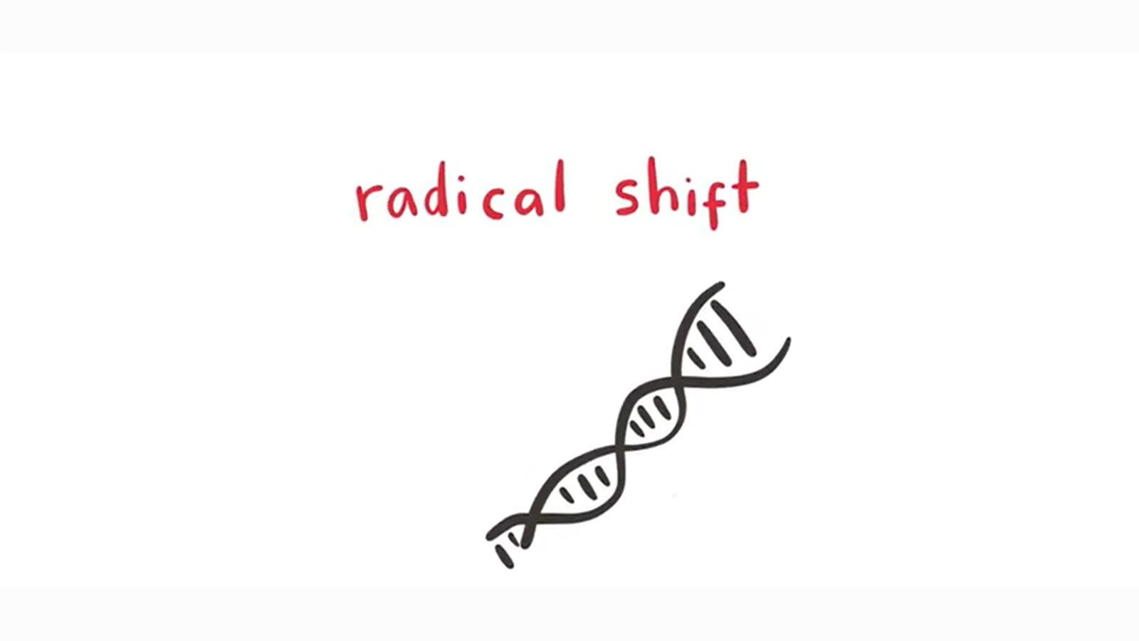double helix of DNA strand below the words "radical shift"