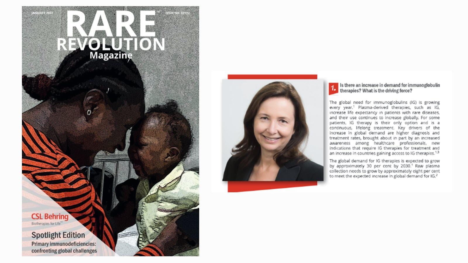 The magazine cover of Rare Revolution with a photo of a mom smiling at her baby and featuring a Q&A about immunoglobulin supply