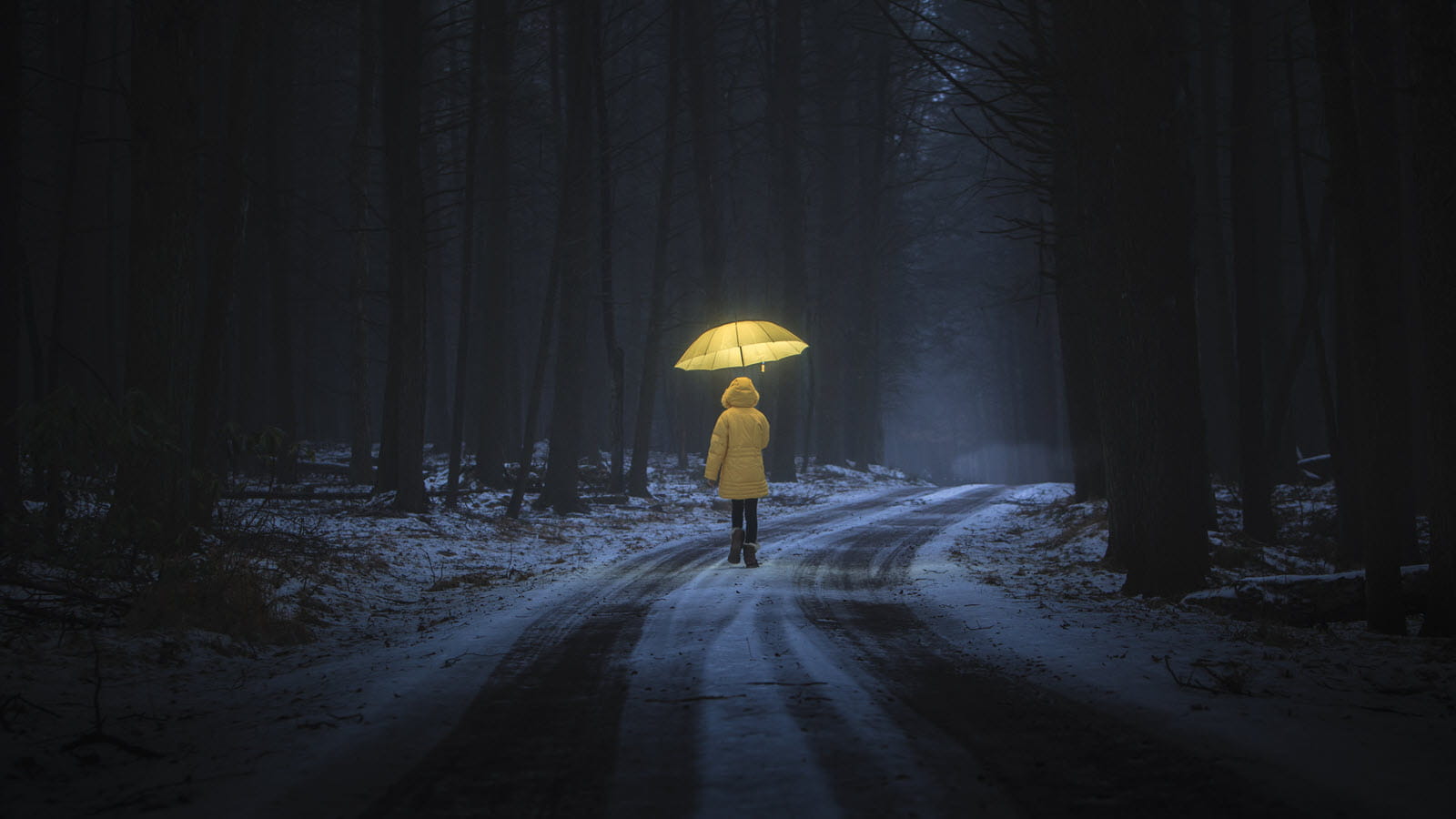 Person walks on a snowy path in the woods dressed in a yellow raincoat and carrying a yellow umbrella